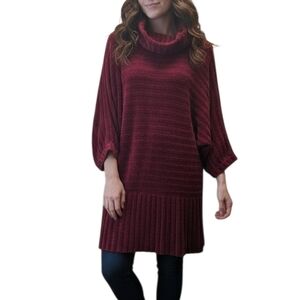 Wine Color Chenille Sweater Dress - Turtle Neck and Bat Sleeve - Boho Chic Style